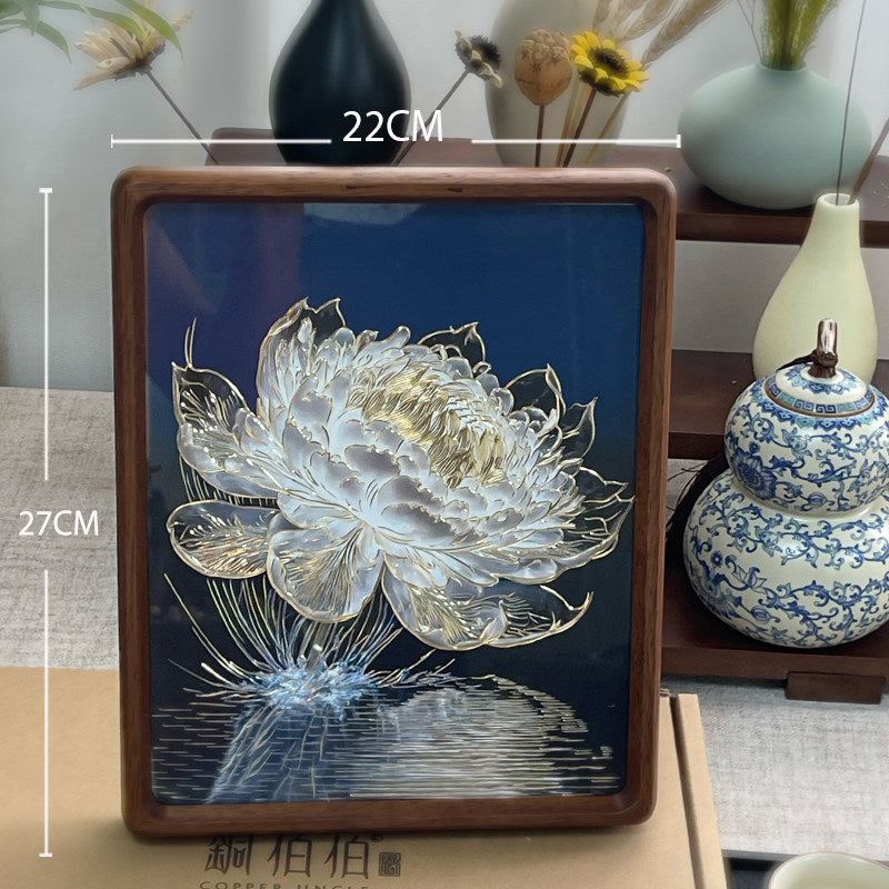 Authentic Chinese Intangible Cultural Heritage Copper Art – Hand-Chiseled Lucky Water Lily with Light & Shadow Effect, Exquisite Desk Sculpture for Gifting